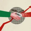 Shaking hands with crypto coins in the background