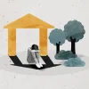 Sad woman in front of a house icon.