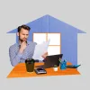 Man looking at paperwork in front of house icon.