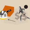 Woman running toward house icon with 'bank' over the house