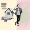 Collage image of a man standing by a model miniature house