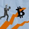 Man running up graph arrow toward bitcoin symbol