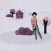 Collage image of woman smiling in front of trees and house