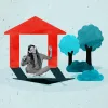 Woman happy in house shape icon