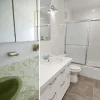 Split screen of bathroom, left: pre-renovation and right: AI concept