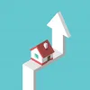 Isometric house on arrow on turquoise blue background.