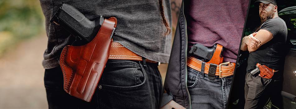 three different leather holsters for 9mm guns