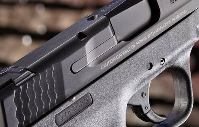 a close up shot of Smith & Wesson M&P Shield 9mm pistol