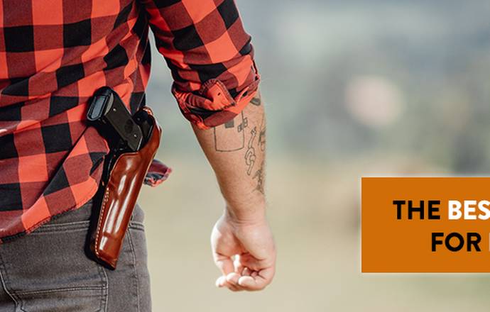 A guy with a semi-auto pistol in a custom leather holster and a banner mentioning the best holsters for Kimber R7 Mako