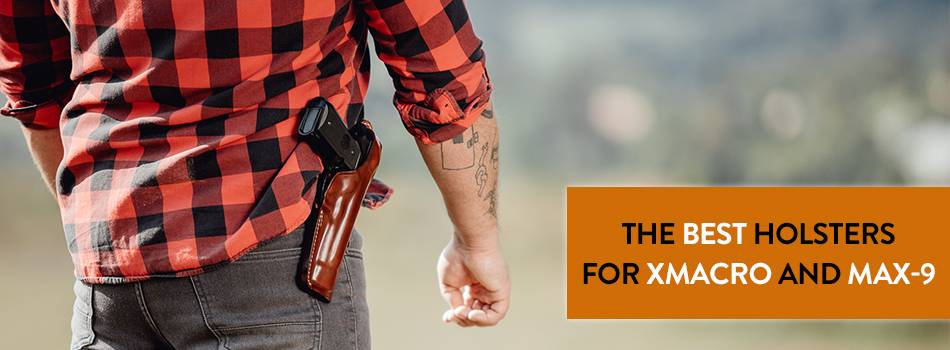 a guy in a flannel shirt with a custom leather holster and a semi automatic pistol