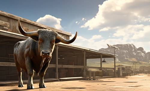 image of an bull in a wild west town