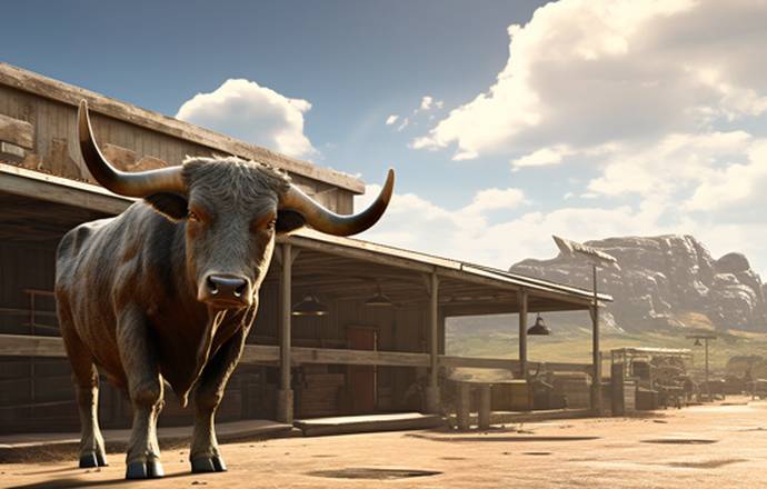 image of an bull in a wild west town