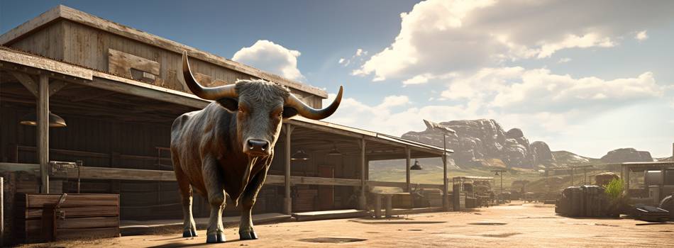 image of an bull in a wild west town