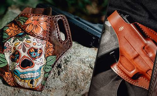 a hand-engraved Sugar Skull holster and holsters with custom monogramm embossing