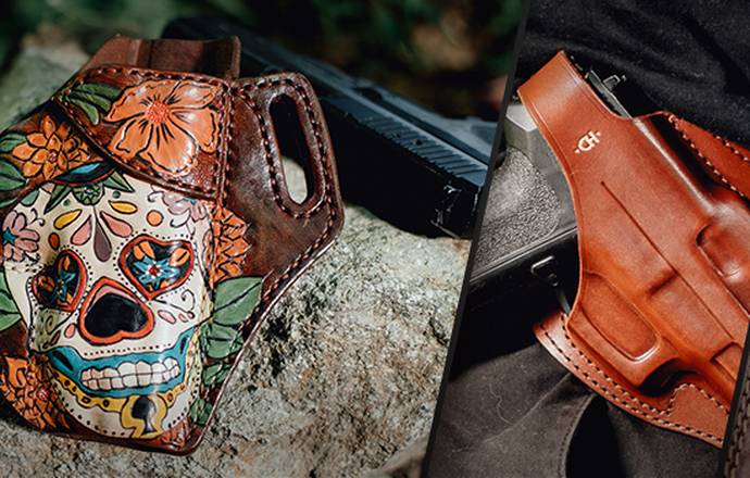 a hand-engraved Sugar Skull holster and holsters with custom monogramm embossing