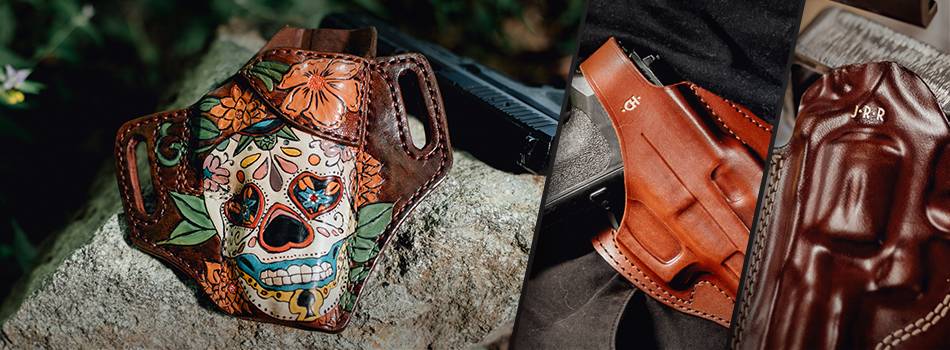 a hand-engraved Sugar Skull holster and holsters with custom monogramm embossing