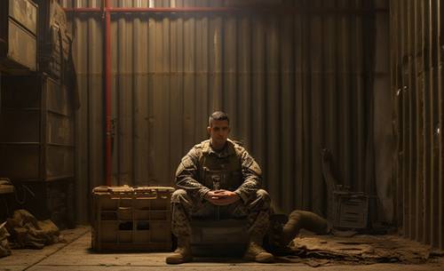 a picture of a soldier sitting in a warehouse, looking outside