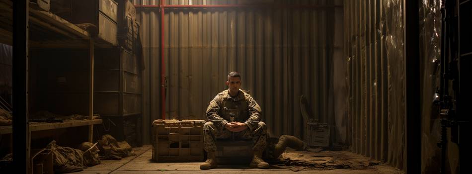 a picture of a soldier sitting in a warehouse, looking outside