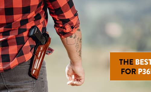 A guy with a mahogany leather holster and a banner promoting the best holsters for the SIG P365 X Macro