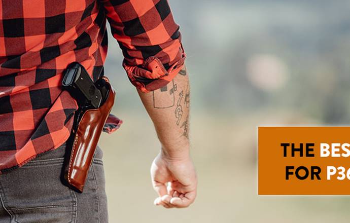A guy with a mahogany leather holster and a banner promoting the best holsters for the SIG P365 X Macro