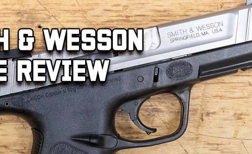 Smith and Wesson SD9VE Review - title picture showing Smith and Wesson SD9VE pistol on a wood backround