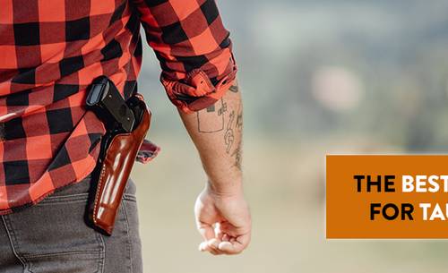 A guy in a checkered flannel shirt with an OWB Taurus G3c leather holster