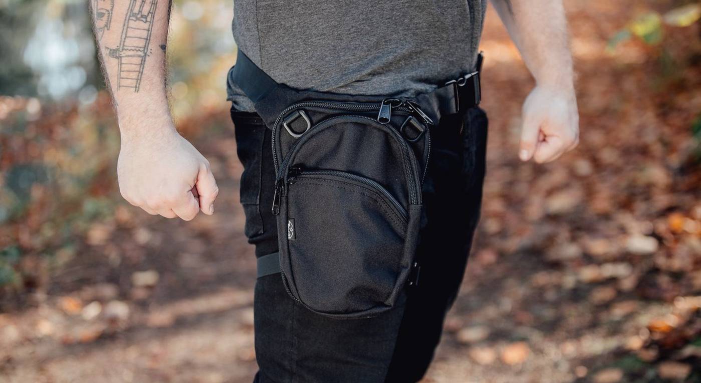 Bespoke Thigh Pouch Travel Bag with Golden Zardosi In Black Leather