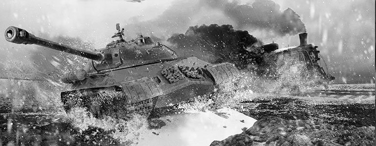 A tank riding through shallow water firing a round