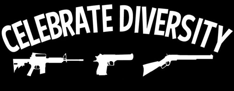 a funny picture showing various firearms and a sign that reads celebrate diversity