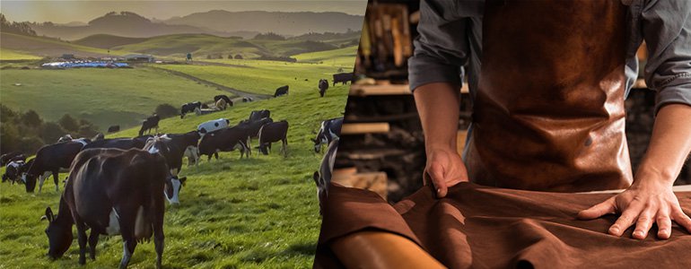 Collage of a pasture with cows and a leather craftsmans workspace