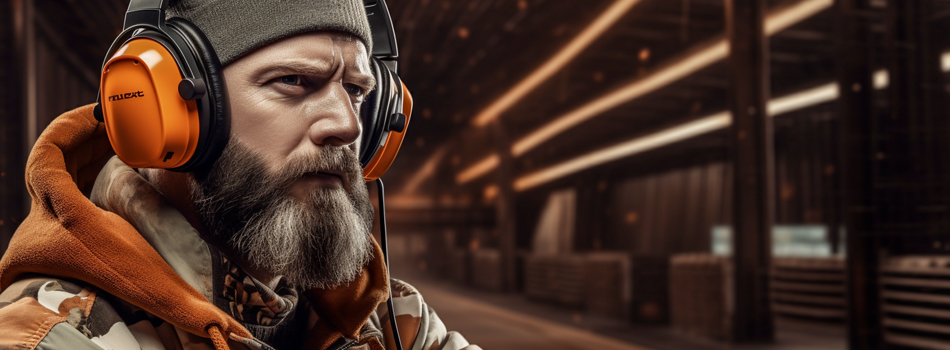 a man looking determined on a gun range with his ear protectors on