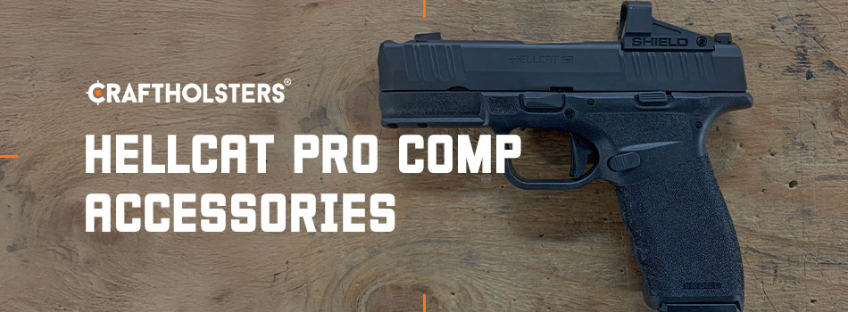 Hellcat Pro Comp with a Shield RMSc red dot sight on a wooden surface - essential accessories for concealed carry.