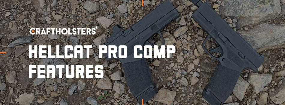 Two Hellcat Pro Comp 9mm pistols on a rocky background showcasing key design features and compact size.