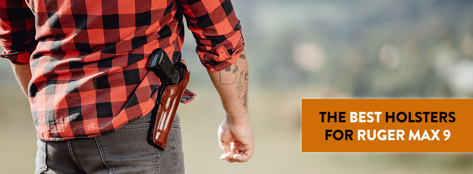 A guy in a checkered shirt with a leather holster and ruger max-9 pistol