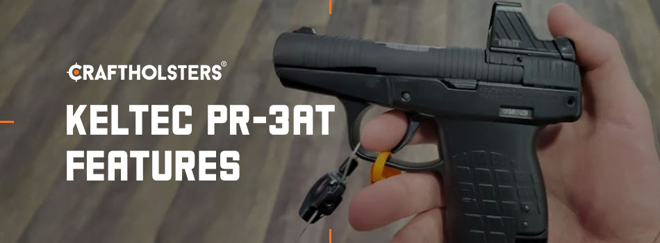 KelTec PR 3AT features image showing a compact pistol with a mounted red dot sight held in one hand.