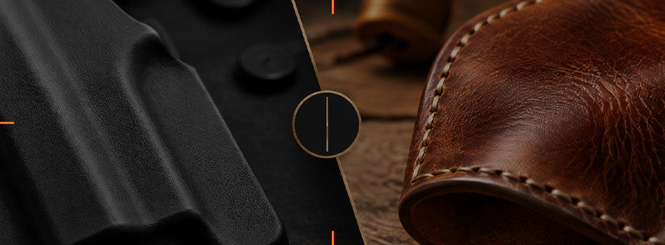 Close-up comparison of black Kydex and brown leather holster materials, highlighting their different textures and constr