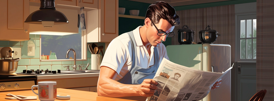 image of a man sitting in his kitchen readint a magazine