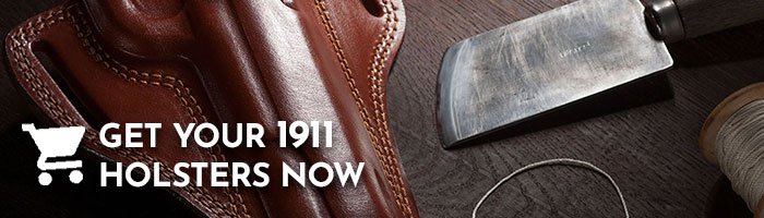  Leather holster lying on a wooden table next to a leather knife and thread.