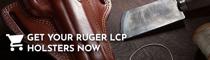 Leather holster lying on a wooden table next to a leather knife and thread with a writing to get a Ruger LCP holster.