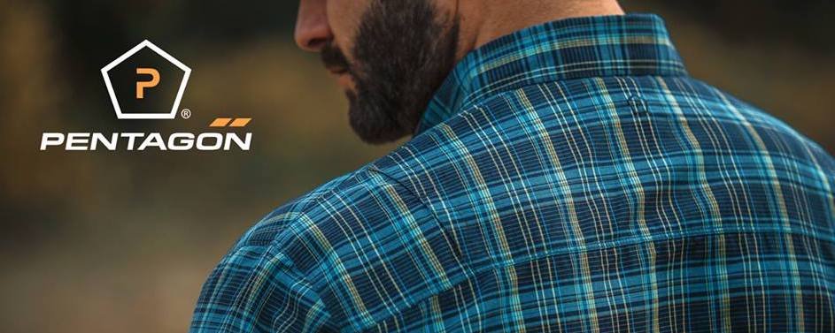 A bearded man wearing a blue squared shirt with a Pentagon logo on his left side.