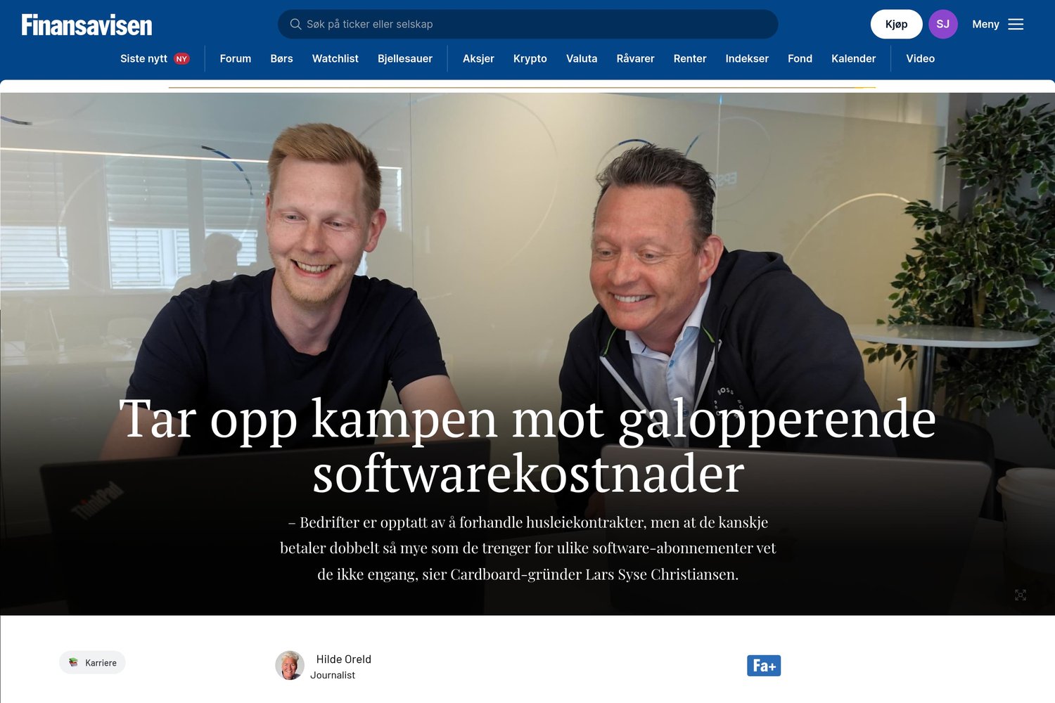 Screenshot of Finansavisen article
