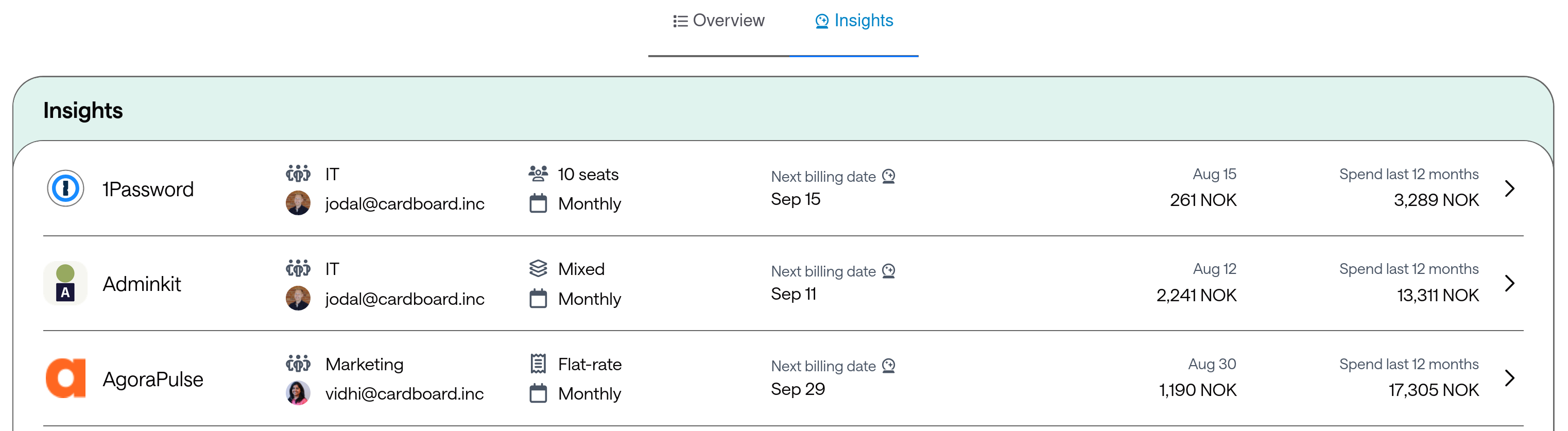 Subscription list with spend insights