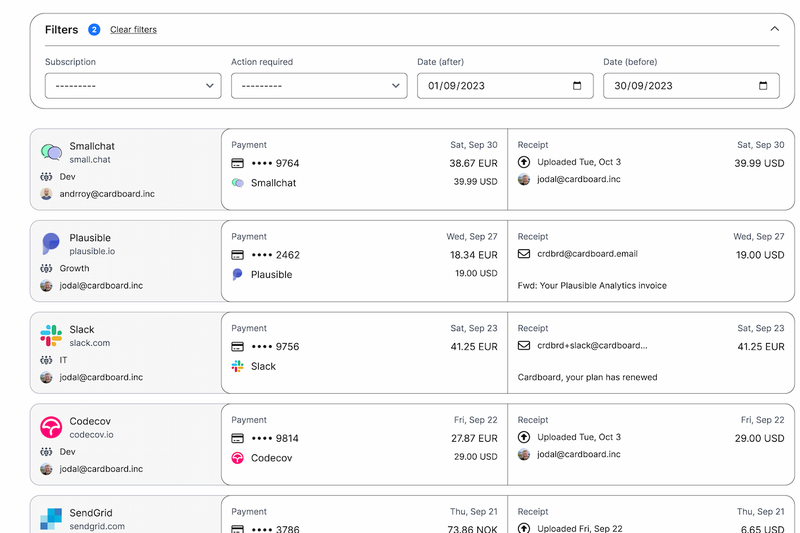 Screenshot of payments