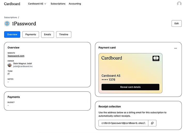 Screenshot of a SaaS subscription, e.g. 1Password