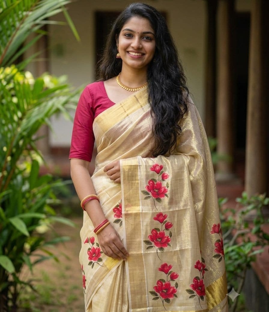 Malarika – Customised Floral Kerala Saree-Red Edition