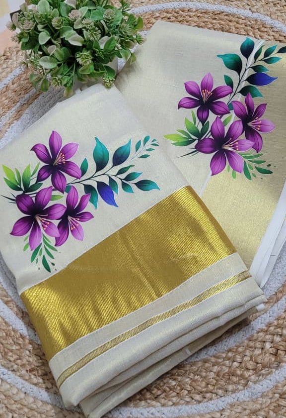 Purple Floral Printed Tissue Set Mundu 