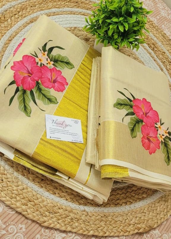 Hibiscus Printed Tissue Set Mundu 