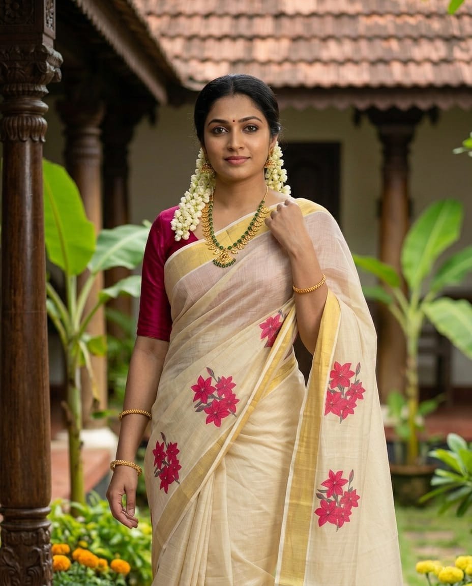 Red Floral Printed Tissue Kerala Saree