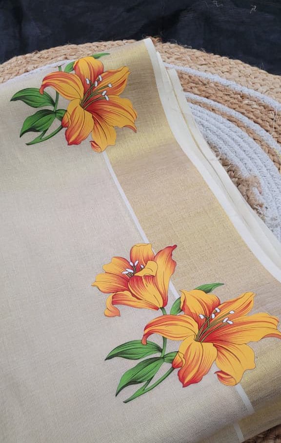 Yellow Lily Printed Tissue Kerala Saree 