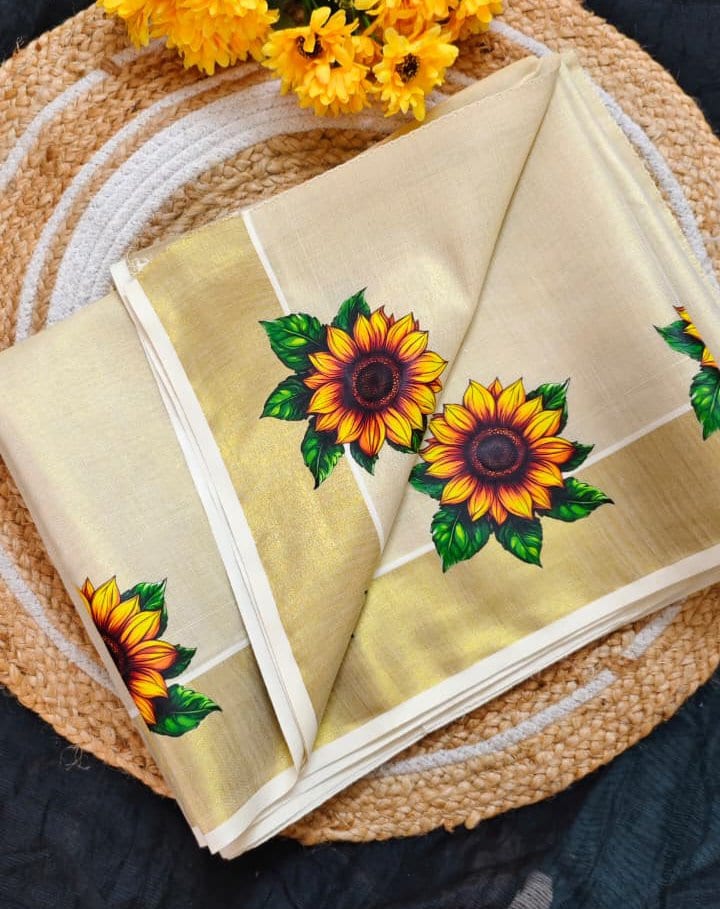 Sunflower Printed Unstitched Tissue Pattupavada Material 